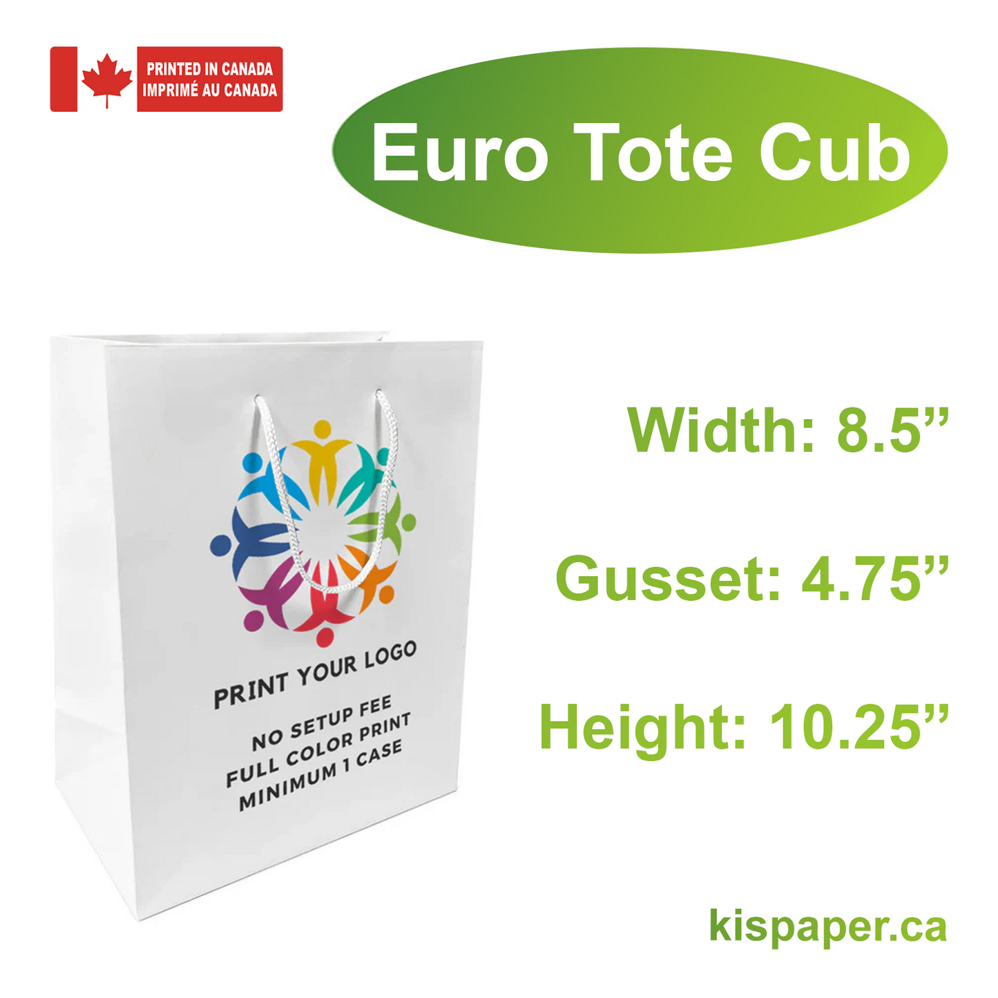 Euro Tote Cub 8.5x4.75x10.25 inches White Paper Bags Rope Handles; Full Color Custom Print, Printed in Canada