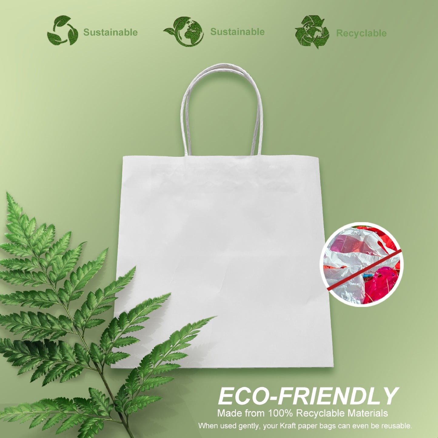 250 Pcs, Cube, 10.5x10.5x10.5 inches, White Kraft Paper Bags, with Twisted Handle