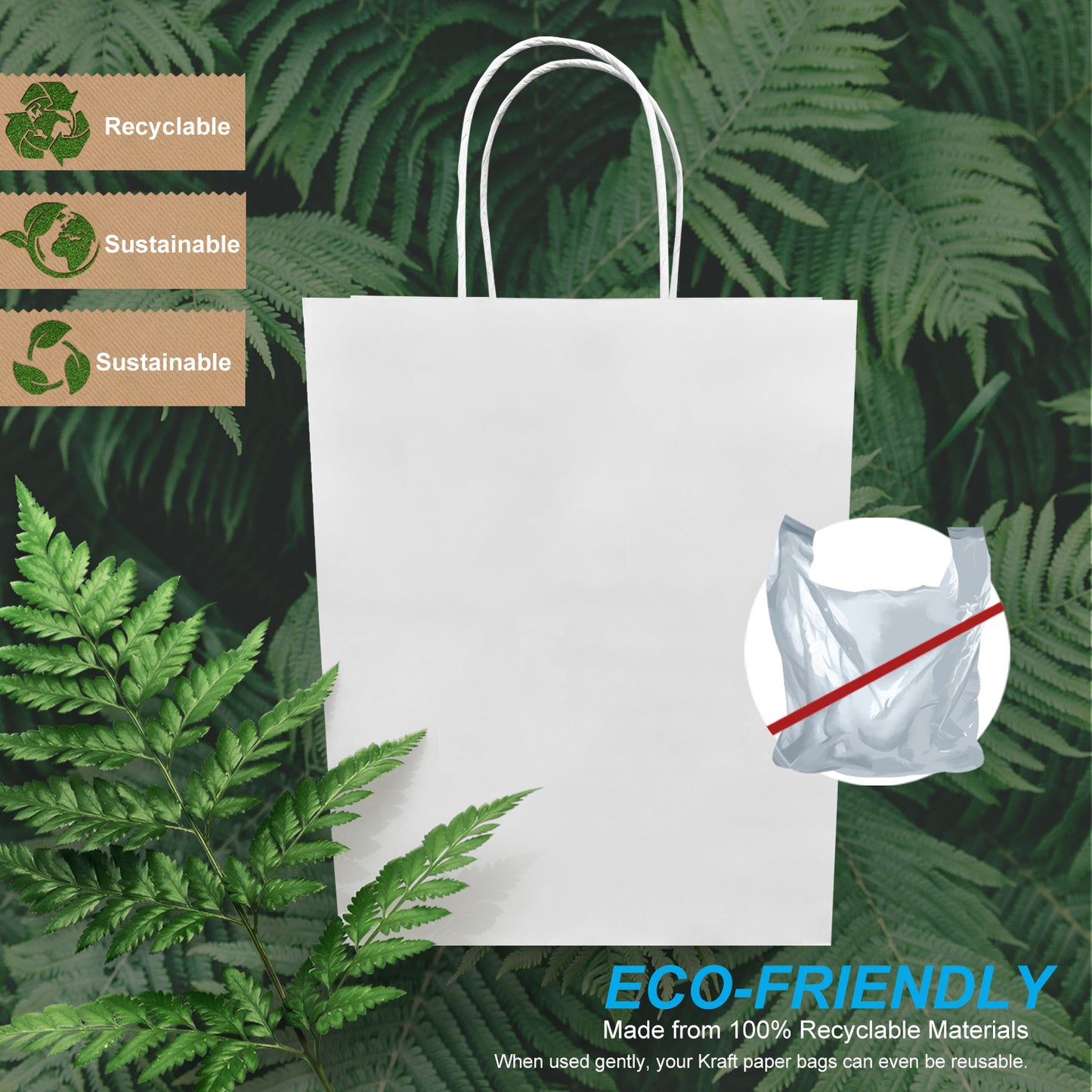 250 Pcs, Debbie, 10x5x13 inches, White Kraft Paper Bags, with Twisted Handle