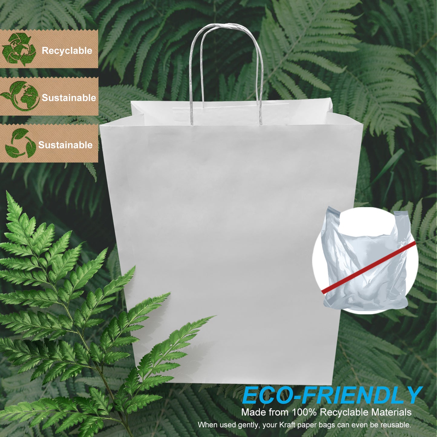 250 Pcs, Mart, 13x7x17 inches, White Kraft Paper Bags, with Twisted Handle