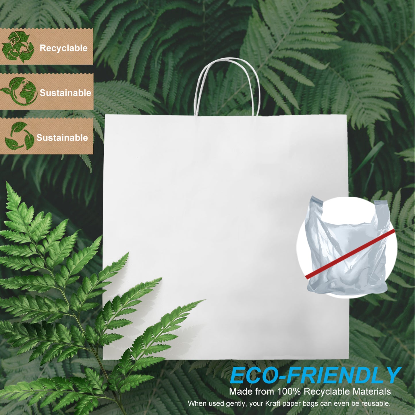 200 Pcs, Tiger, 14x8x14 inches, White Kraft Paper Bags, with Twisted Handle