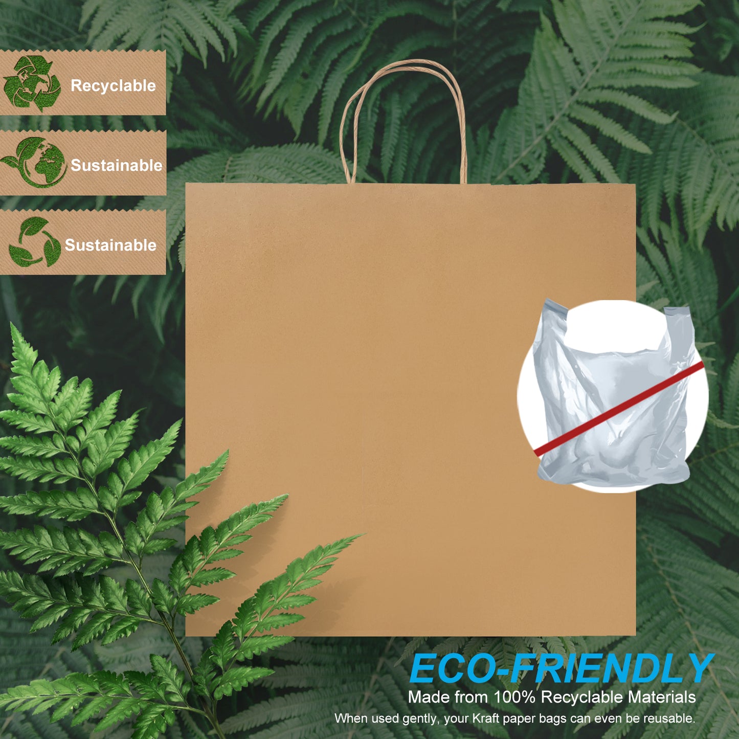 200 Pcs, Tiger, 14x8x14 inches, Kraft Paper Bags, with Twisted Handle