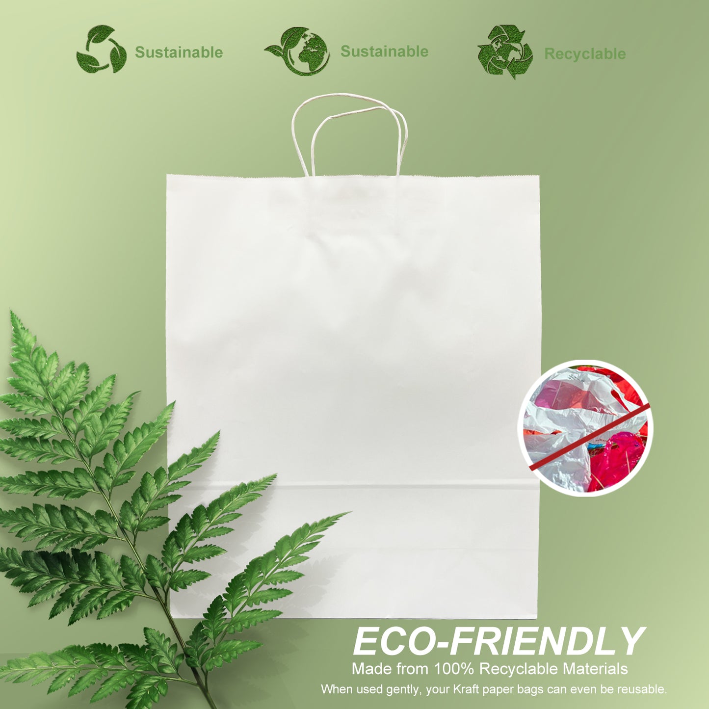 200 Pcs, Queen, 16x6x19.25 inches, White Kraft Paper Bags, with Twisted Handles