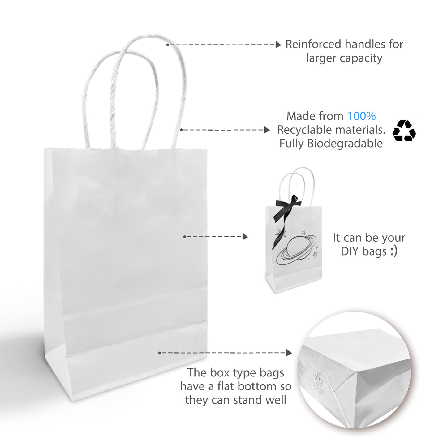250 Pcs, Gem, 5.3x3.5x8.5 inches, White Kraft Paper Bags, with Twisted Handle