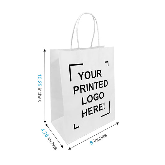 100 Pcs, Cub, 8.5x4.5x10.25 inches, Kraft Paper Bags, with Twisted Handle, Full Color Custom Print
