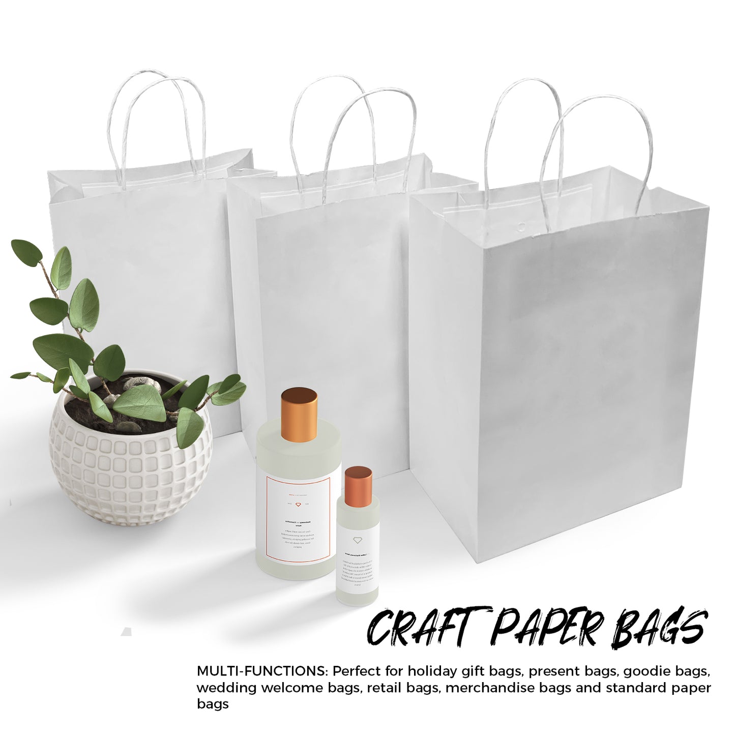 250 Pcs, Cub, 8x4.75x10.25 inches, White Kraft Paper Bags, with Twisted Handle