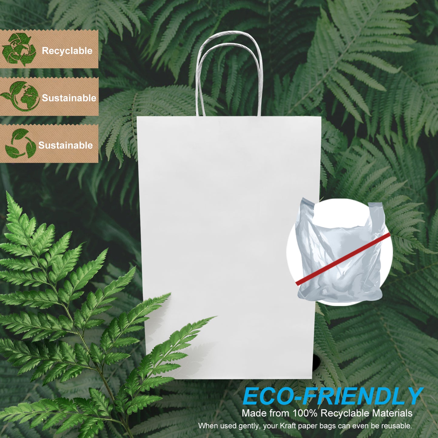 200 Pcs, Double Wine, 9x5.75x13.5 inches, White Kraft Paper Bags, with Twisted Handle