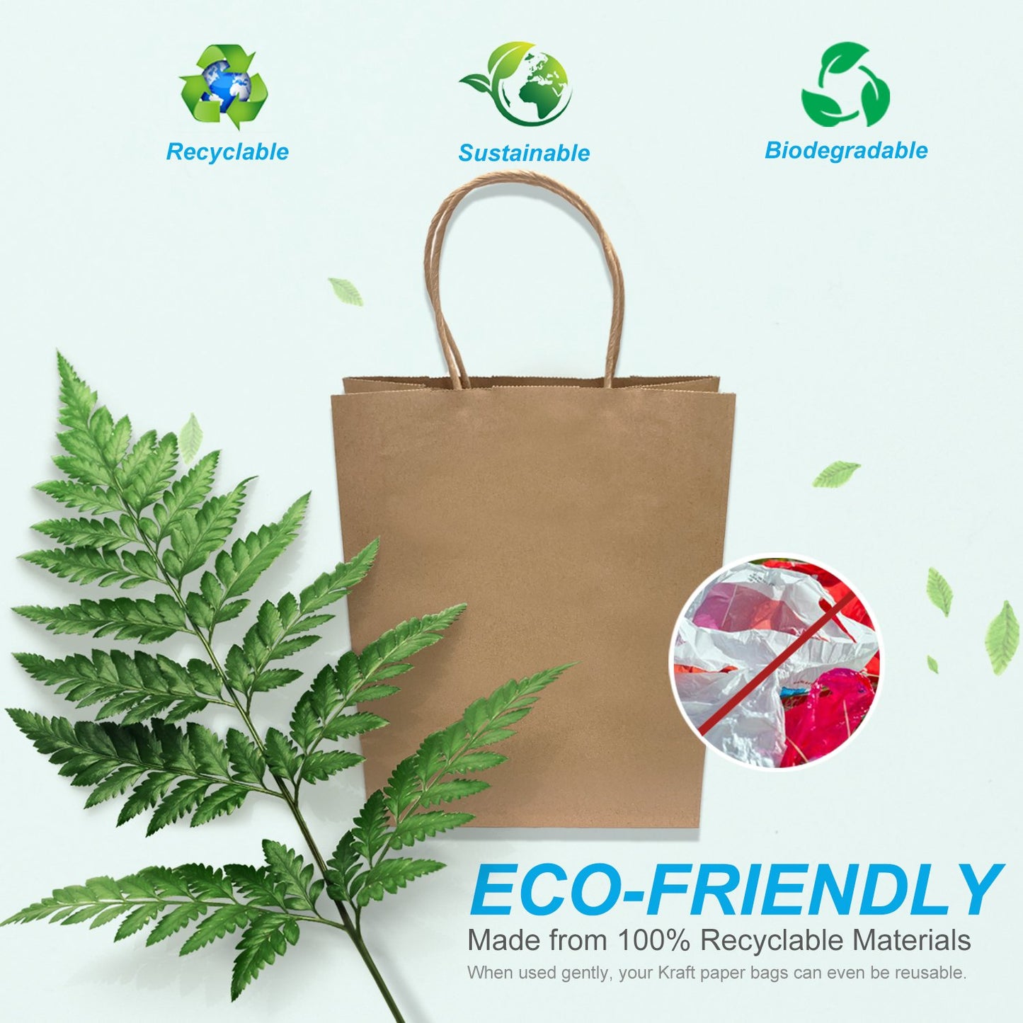 250 Pcs, Gem, 10x5x13 inches, Kraft Paper Bags, with Twisted Handle