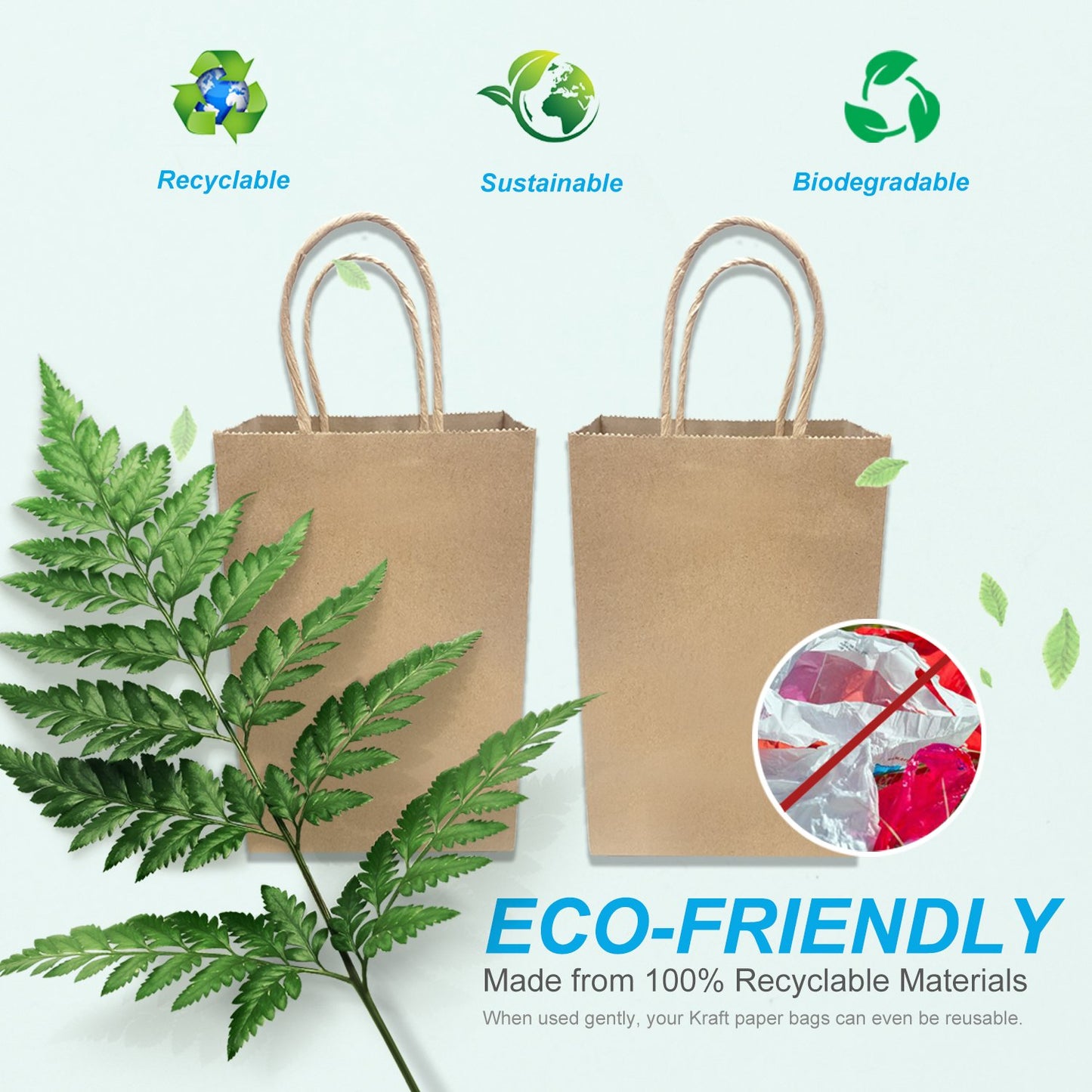 250 Pcs, Gem, 5.3x3.5x8.5 inches, Kraft Paper Bags, with Twisted Handle