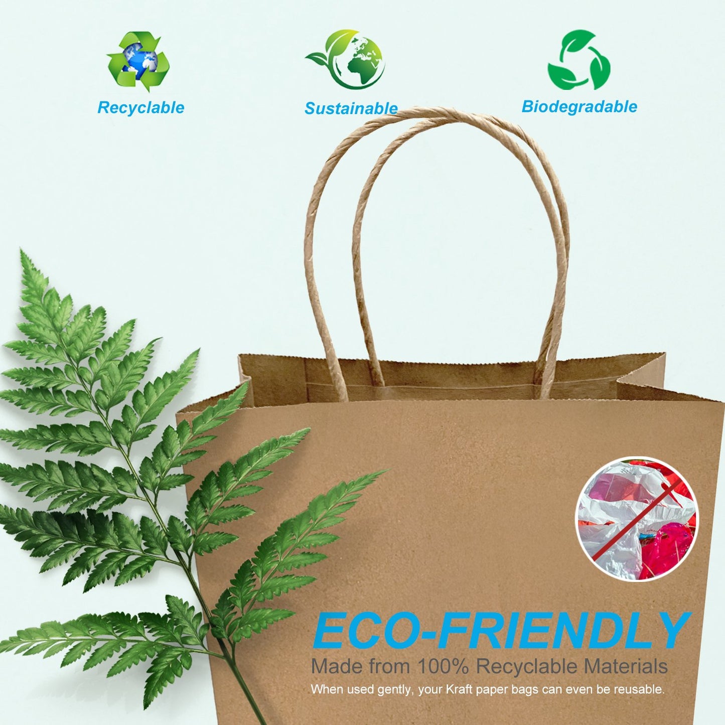 250 Pcs, Cub, 8x4.75x10.25 inches, Kraft Paper Bags, with Twisted Handle