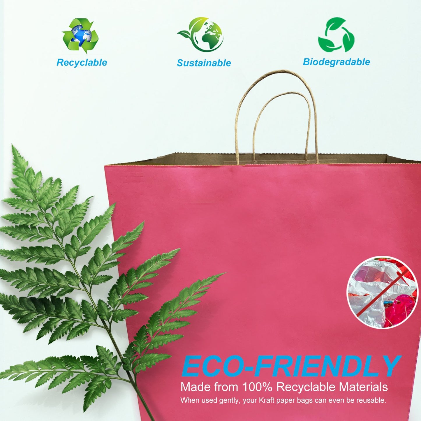 200 Pcs, Super Royal, 14x10x15.75 inches, Pink Kraft Paper Bags, with Twisted Handle