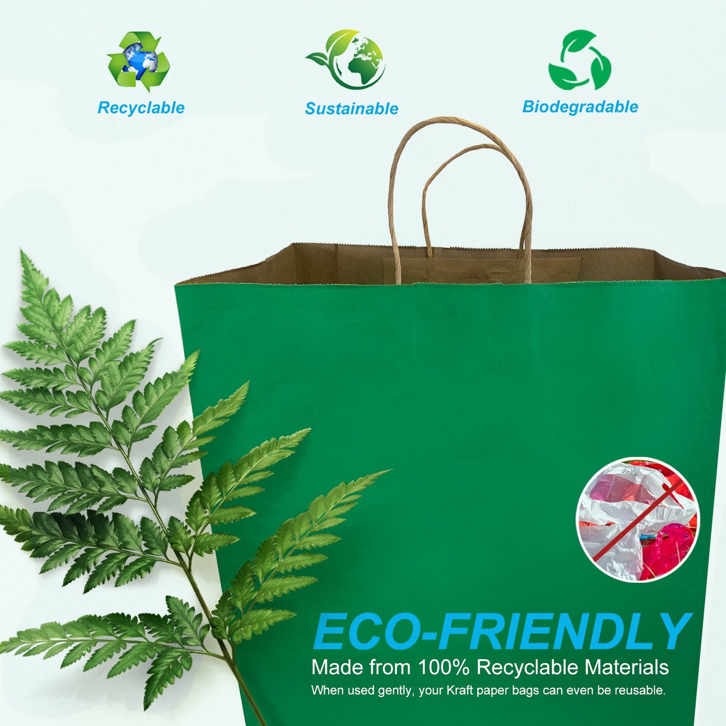 200 Pcs, Super Royal, 14x10x15.75 inches, Green Kraft Paper Bags, with Twisted Handle