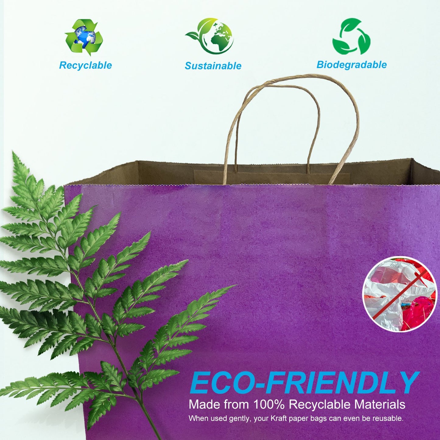 200 Pcs, Super Royal, 14x10x15.75 inches, Purple Kraft Paper Bags, with Twisted Handle