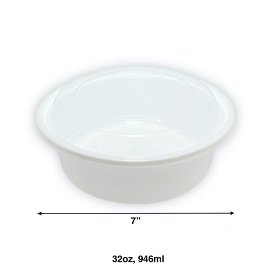 KIS-R32G | 150sets 32oz, 946ml White PP Round 7" Container with Clear Lids Combo; $0.249/set
