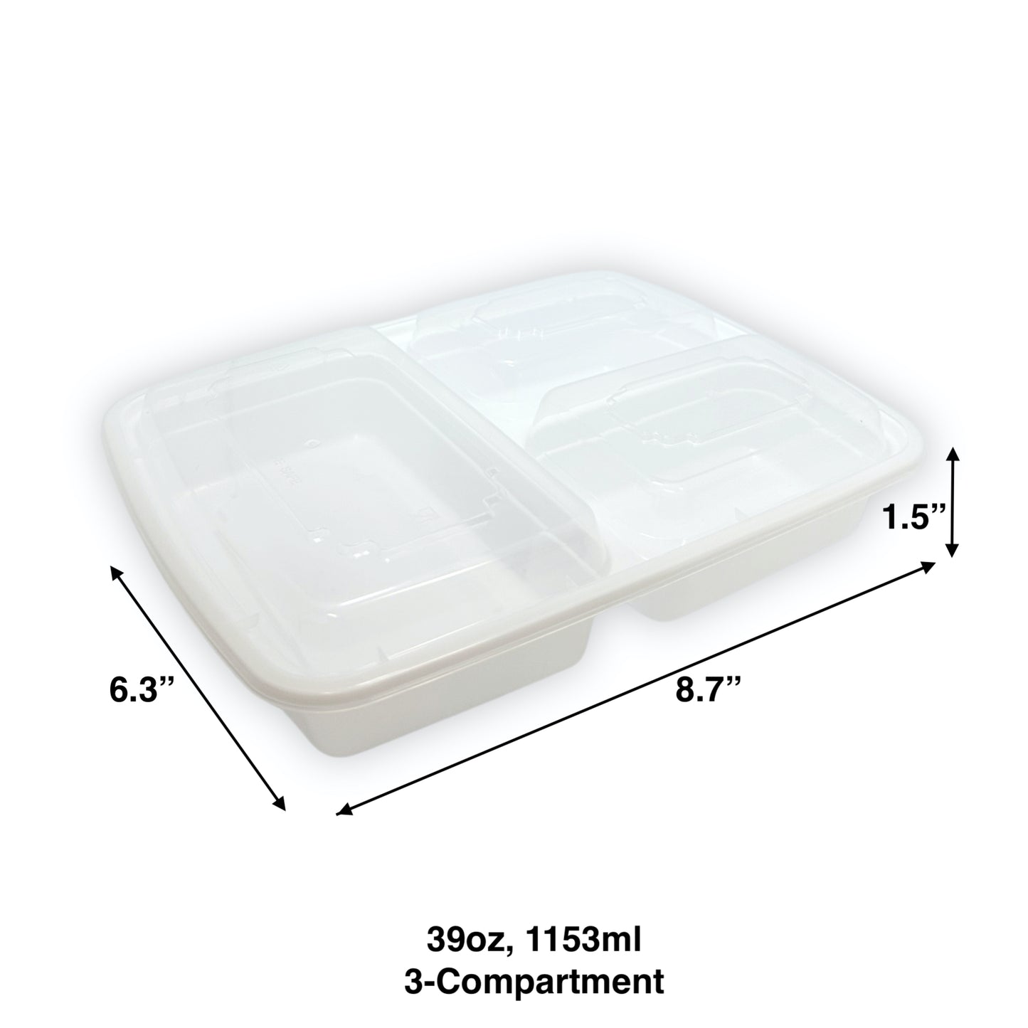 KIS-KY339G | 150sets 39oz, 1153ml 3-Compartment White PP Rectangle Container with Clear Lids Combo; $0.345/set