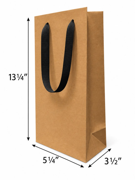 Euro Tote Kraft Paper Wine Bag 5.3"x3.25"x13" with Black Ribbon Handles, 150 pcs/Case – SKU#5425