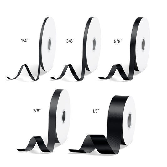 1pc Black Solid Single Face Satin Ribbon; 5 Sizes