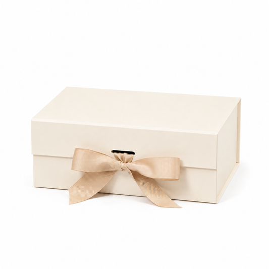 Foldable Rigid Ribbon Tie Gift Box, Beige – 8.7 × 6.7 × 3.3 in | Pack of 10 | SKU 6361