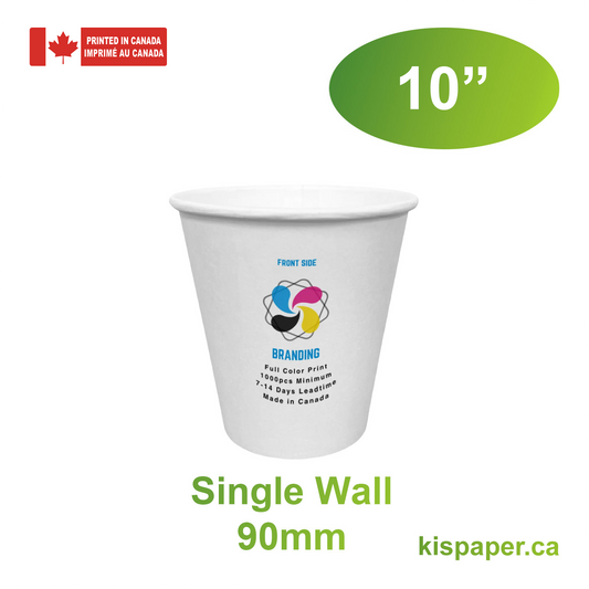 1000pcs 10oz, 296ml Single Wall White Paper Hot Cups with 90mm Opening; Full Color Custom Print, Printed in Canada