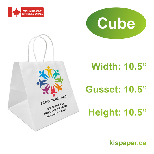 250pcs, Cube 10.5x10.5x10.5 inches White Paper Bags Twist Handles; Full Color Custom Print, Printed in Canada