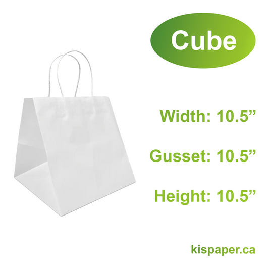 1000W | 250pcs Cube 10.5x10.5x10.5 inches White Paper Bags Twisted Handles; $0.68/pc