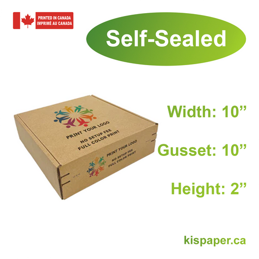 10" x 10" x 2" - Custom Kraft Mailer Boxes Self-Seal Tape - Bundle of 40 - KIS PAPER - 1264; Full Color Custom Print, Printed in Canada; From $1.85/pc