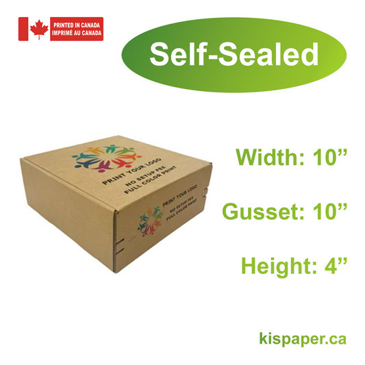 10" x 10" x 4" - Custom Kraft Mailer Boxes Self-Seal Tape - Bundle of 40 - KIS PAPER - 1265; Full Color Custom Print, Printed in Canada; From $2.615/pc