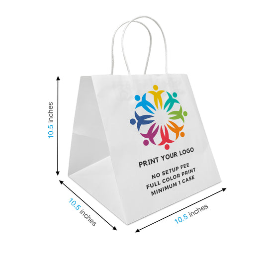 250pcs, Cube 10.5x10.5x10.5 inches White Paper Bags Twist Handles; Full Color Custom Print, Printed in Canada