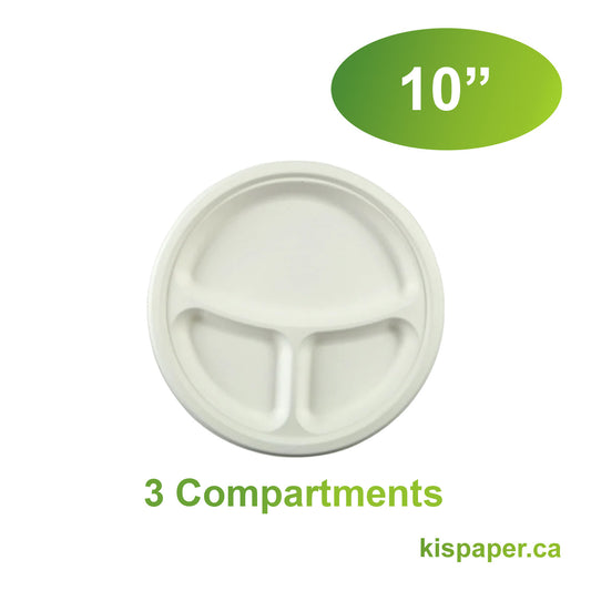 10" - Bagasse Round Plate - 3 Compartments - Carton of 500 - KIS PAPER - 1135; $0.135/pc