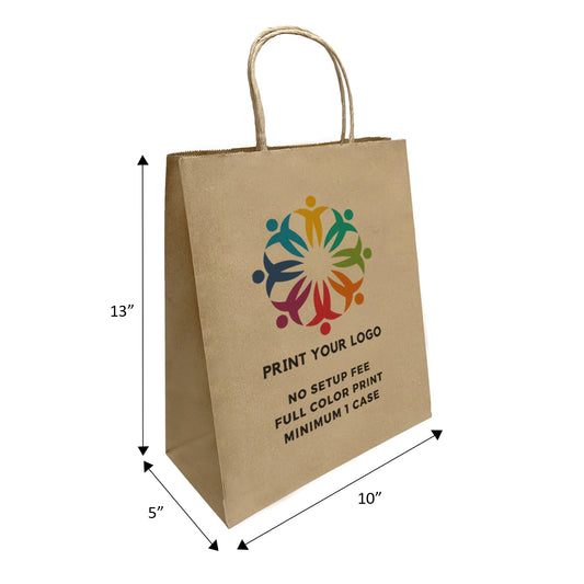 250pcs, Debbie 10x5x13 inches Kraft Paper Bags Twist Handles; Full Color Custom Print, Printed in Canada