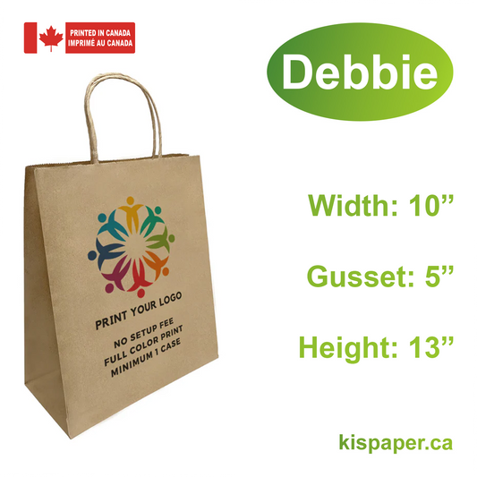 250pcs, Debbie 10x5x13 inches Kraft Paper Bags Twist Handles; Full Color Custom Print, Printed in Canada