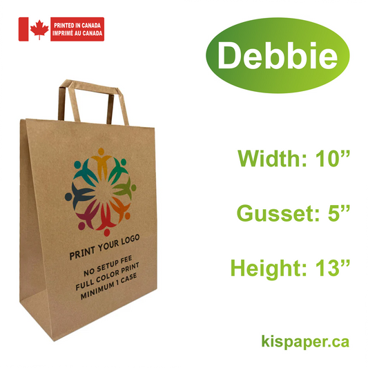 300pcs, Debbie 10x5x13 inches Kraft Paper Bags Flat Handles; Full Color Custom Print, Printed in Canada