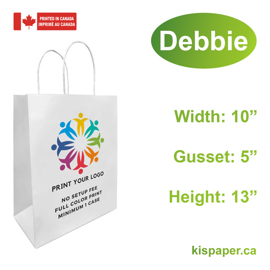 250pcs, Debbie 10x5x13 inches White Paper Bags Twist Handles; Full Color Custom Print, Printed in Canada