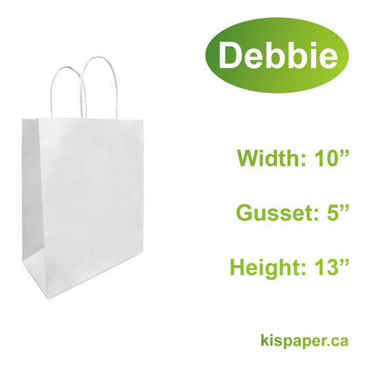 1053W | 250pcs Debbie 10x5x13 inches White Paper Bags Twisted Handles; $0.34/pc