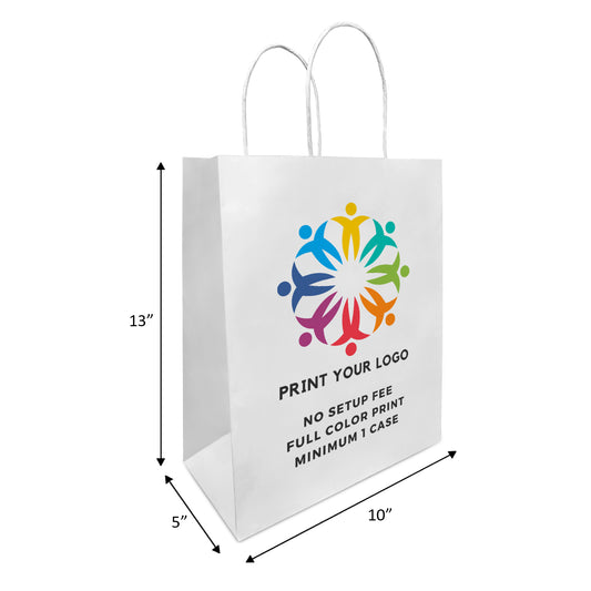 250pcs, Debbie 10x5x13 inches White Paper Bags Twist Handles; Full Color Custom Print, Printed in Canada