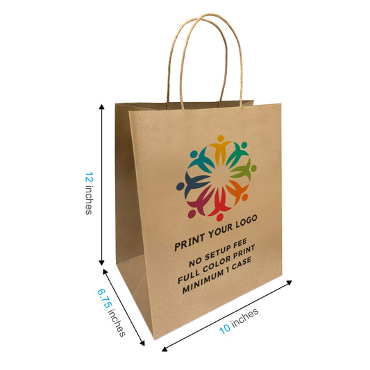 250pcs, Bistro 10x6.75x12 inches Kraft Paper Bags Twist Handles, Full Color Custom Print, Printed in Canada