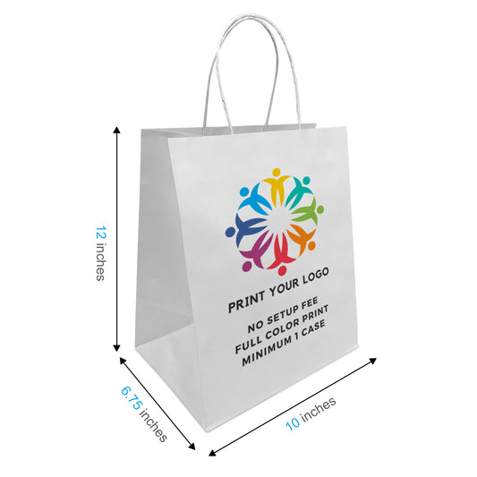 250pcs, Bistro 10x6.75x12 inches White Paper Bags Twist Handles, Full Color Custom Print, Printed in Canada