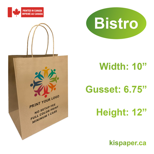 250pcs, Bistro 10x6.75x12 inches Kraft Paper Bags Twist Handles, Full Color Custom Print, Printed in Canada