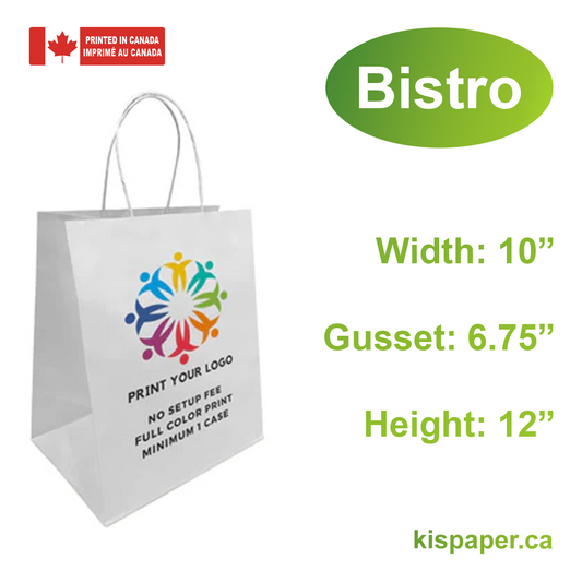 250pcs, Bistro 10x6.75x12 inches White Paper Bags Twist Handles, Full Color Custom Print, Printed in Canada