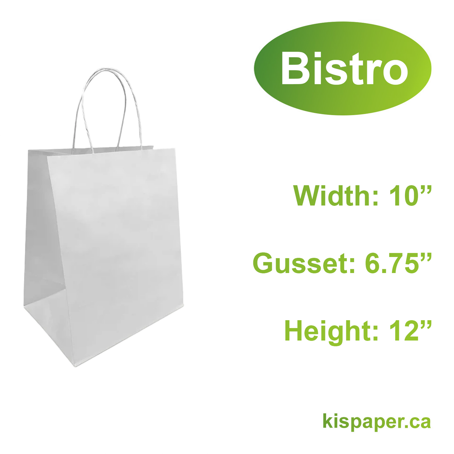 1072W | 250pcs Bistro 10x6.75x12 inches White Paper Bags Twisted Handles; $0.42/pc