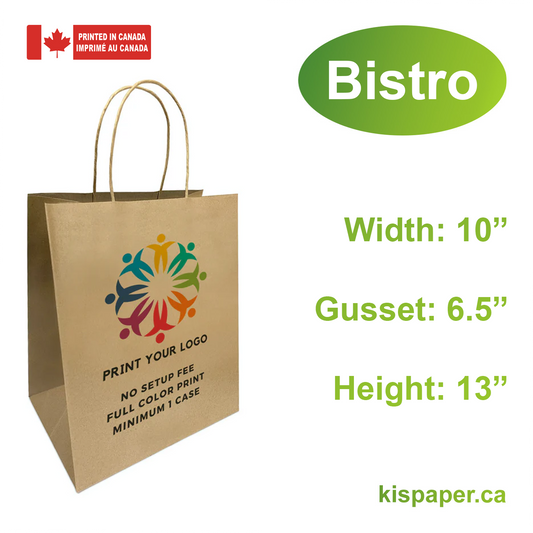 250pcs, Restaurant Bistro 10x6.5x13 inches Kraft Paper Bags Twist Handles, Full Color Custom Print, Printed in Canada