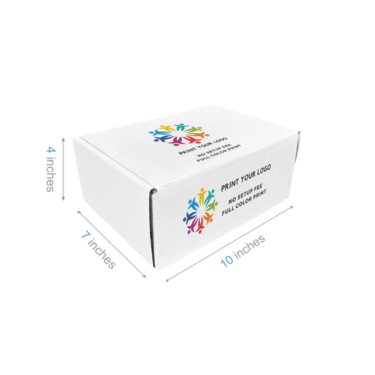 10" x 7" x 4" - Custom White Mailer Boxes - Bundle of 40 - KIS PAPER - 6101; Full Color Custom Print, Printed in Canada; From $2.77/pc