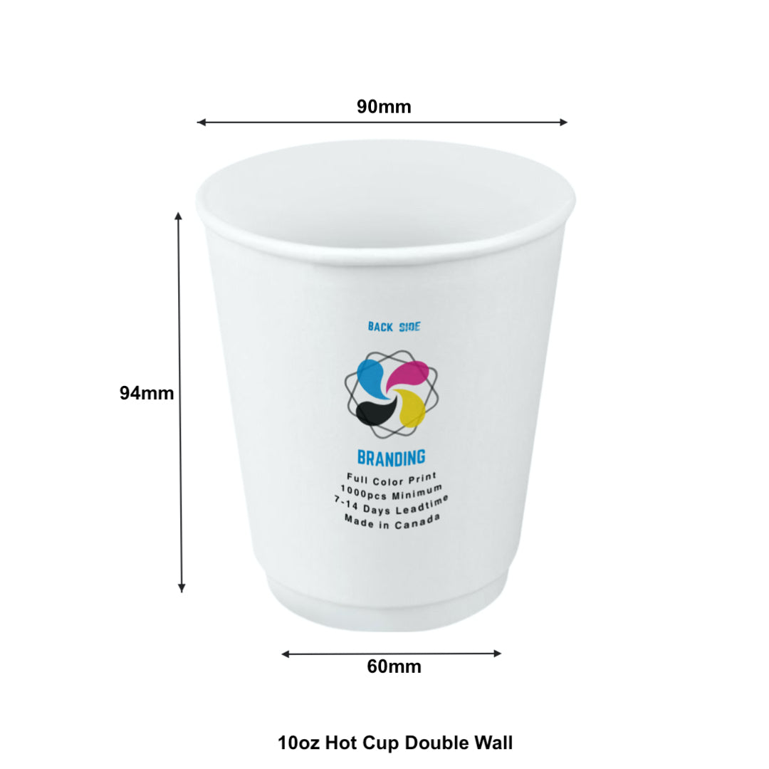 500pcs 10oz, 296ml Double Wall White Paper Hot Cups with 90mm Opening; Full Color Custom Print, Printed in Canada