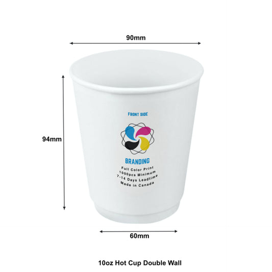500pcs 10oz, 296ml Double Wall White Paper Hot Cups with 90mm Opening; Full Color Custom Print, Printed in Canada