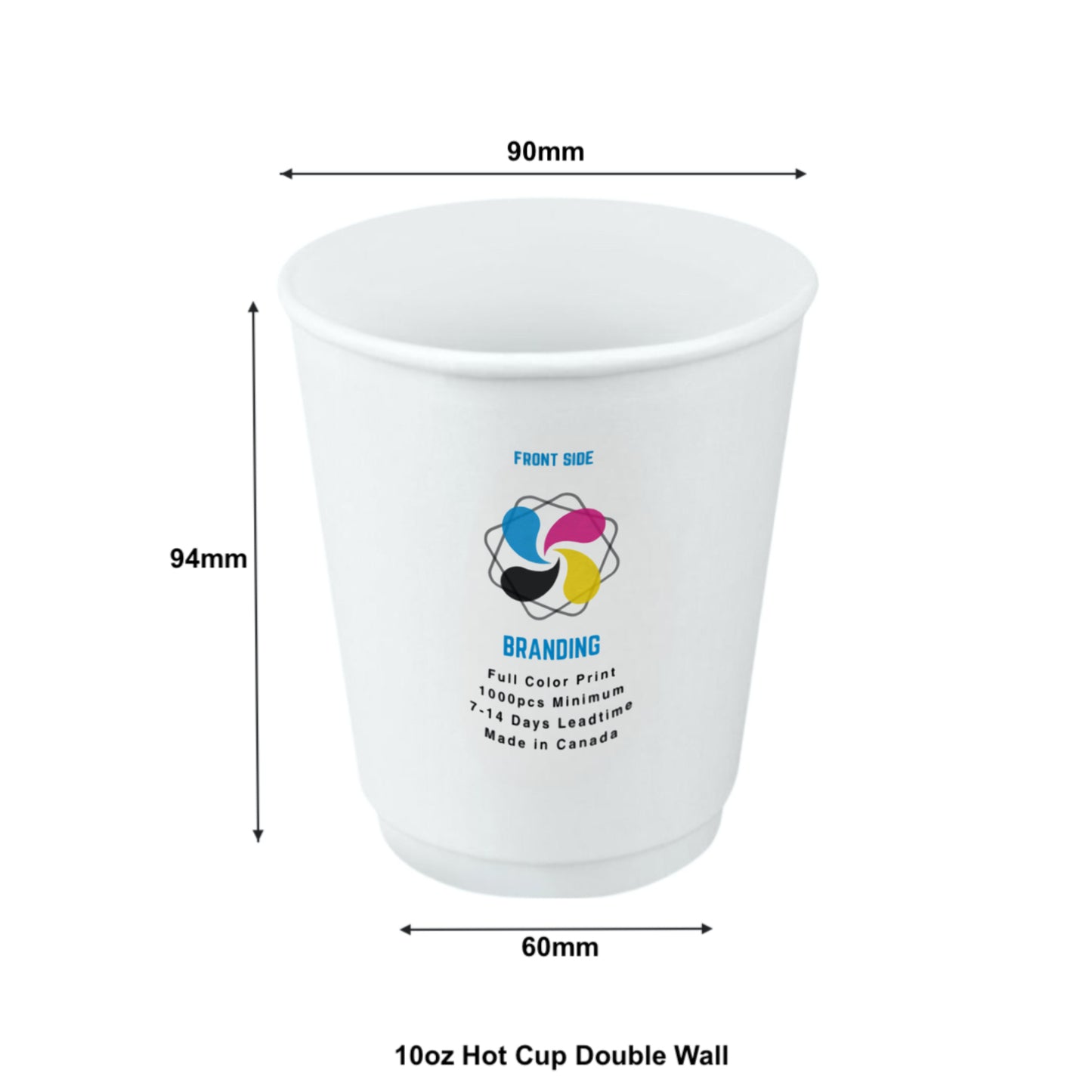 500pcs 10oz, 296ml Double Wall White Paper Hot Cups with 90mm Opening; Full Color Custom Print, Printed in Canada