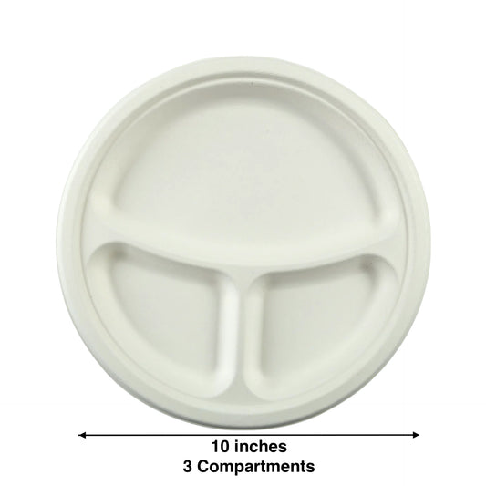 KIS-S103G | 10 inches Round Plate, 3-Compartment,Sugarcane Food Container; $0.135/pc