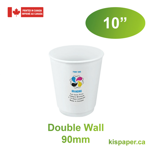 500pcs 10oz, 296ml Double Wall White Paper Hot Cups with 90mm Opening; Full Color Custom Print, Printed in Canada