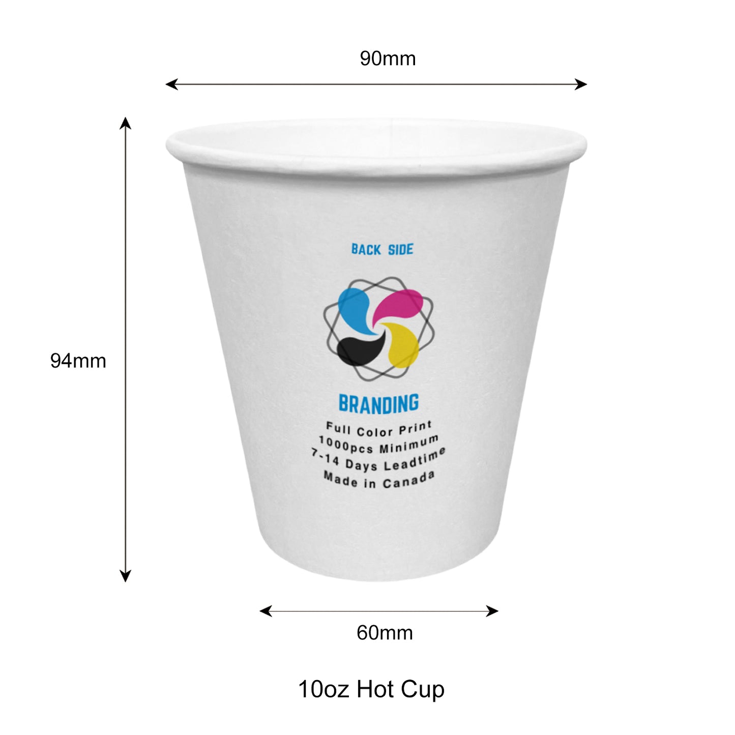 1000pcs 10oz, 296ml Single Wall White Paper Hot Cups with 90mm Opening; Full Color Custom Print, Printed in Canada