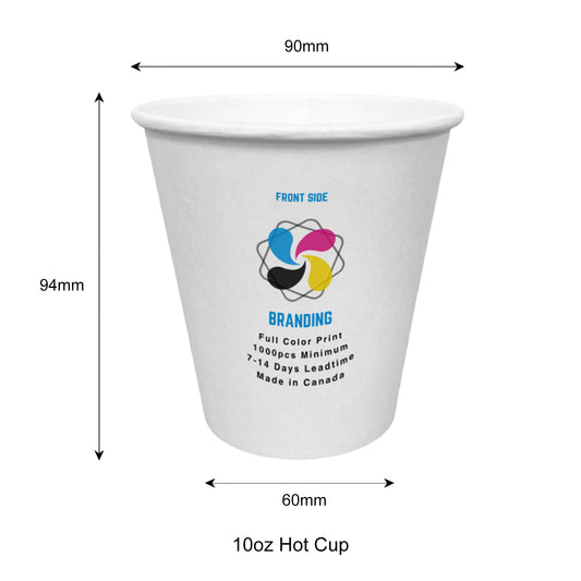 1000pcs 10oz, 296ml Single Wall White Paper Hot Cups with 90mm Opening; Full Color Custom Print, Printed in Canada