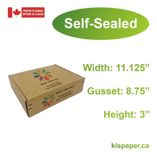 11.125" x 8.75" x 3" - Custom Kraft Mailer Boxes Self-Seal Tape - Bundle of 40 - KIS PAPER - 1266; Full Color Custom Print, Printed in Canada; From $2.053/pc